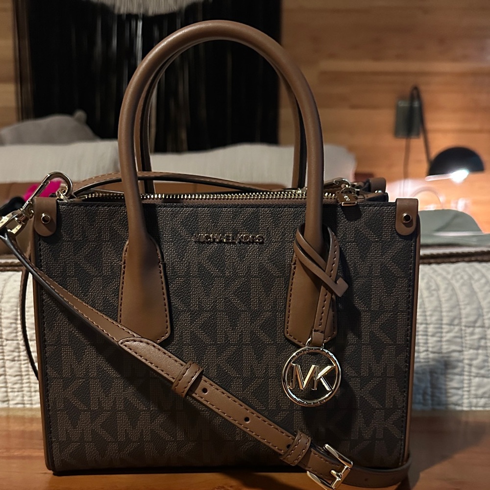 Michael Kors Dark Brown Mini Crossbody Tote with Tan Accents